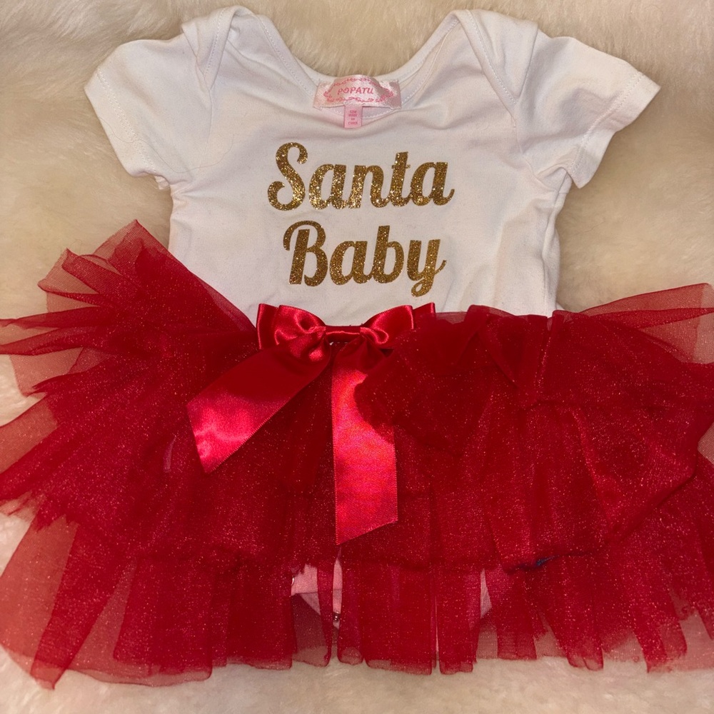 Popatu White Onesie with Gold Glitter and Red Attached Tutu